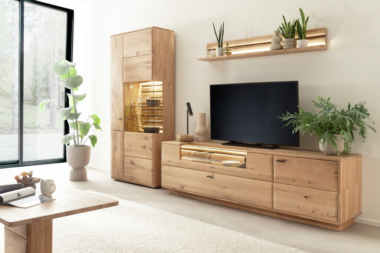 Moderne Wohnzimmer-Wandkombination aus Holz mit TV-Schrank, Vitrine und Regal, umgeben von Pflanzen, aus seitlicher Perspektive.