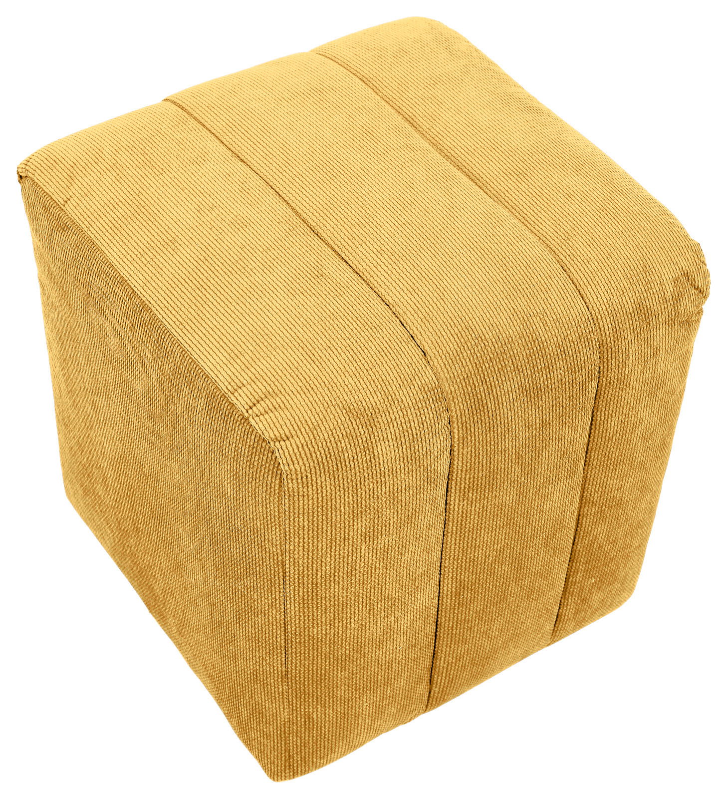 Gelber, quadratischer Hocker aus Stoff in schräger Draufsicht