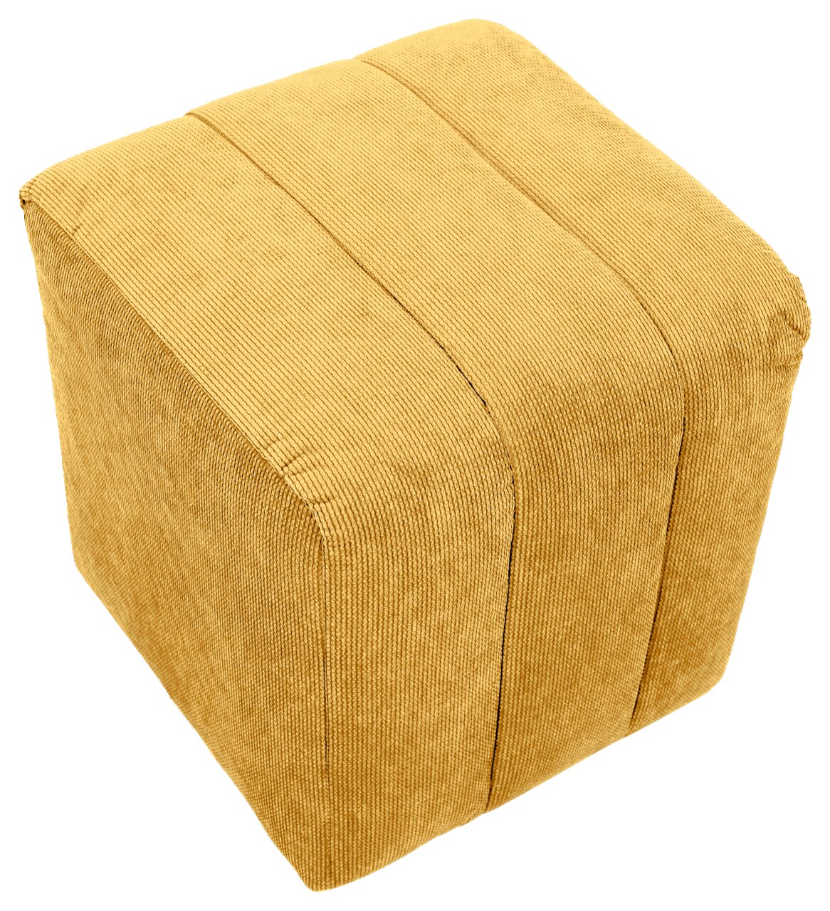 Gelber, quadratischer Hocker aus Stoff in schräger Draufsicht