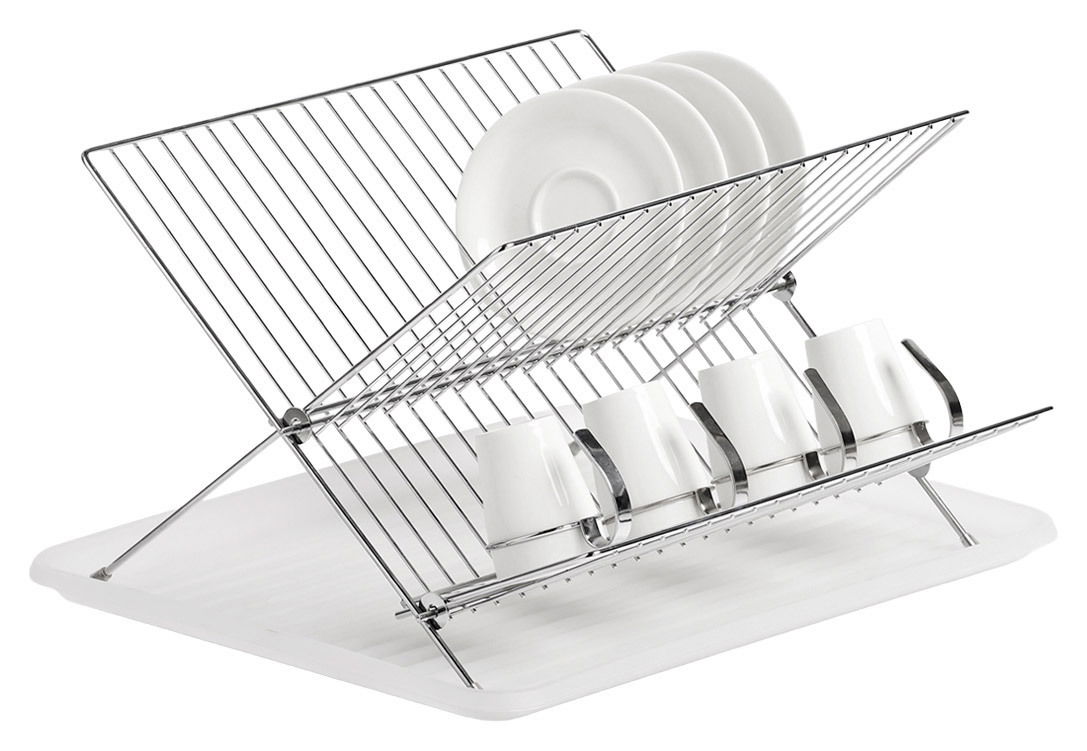 Zeller Present Geschirrabtropfständer Geschirrabtropfständer aus Metall mit zwei Ebenen, auf denen Teller und Tassen abtropfen können. Seitliche Perspektive.