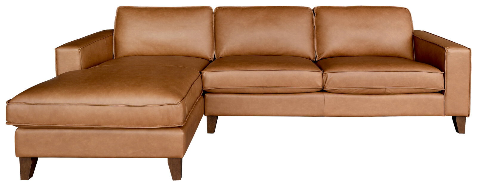 Braunes Ledersofa mit Longchair links, Vorderansicht