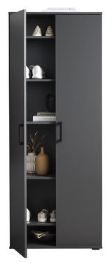 Schwarzer XL-Schuhschrank mit teilweise geöffneter Tür, gefüllt mit Schuhen, Dekorationsgegenständen und Büchern, frontal betrachtet.