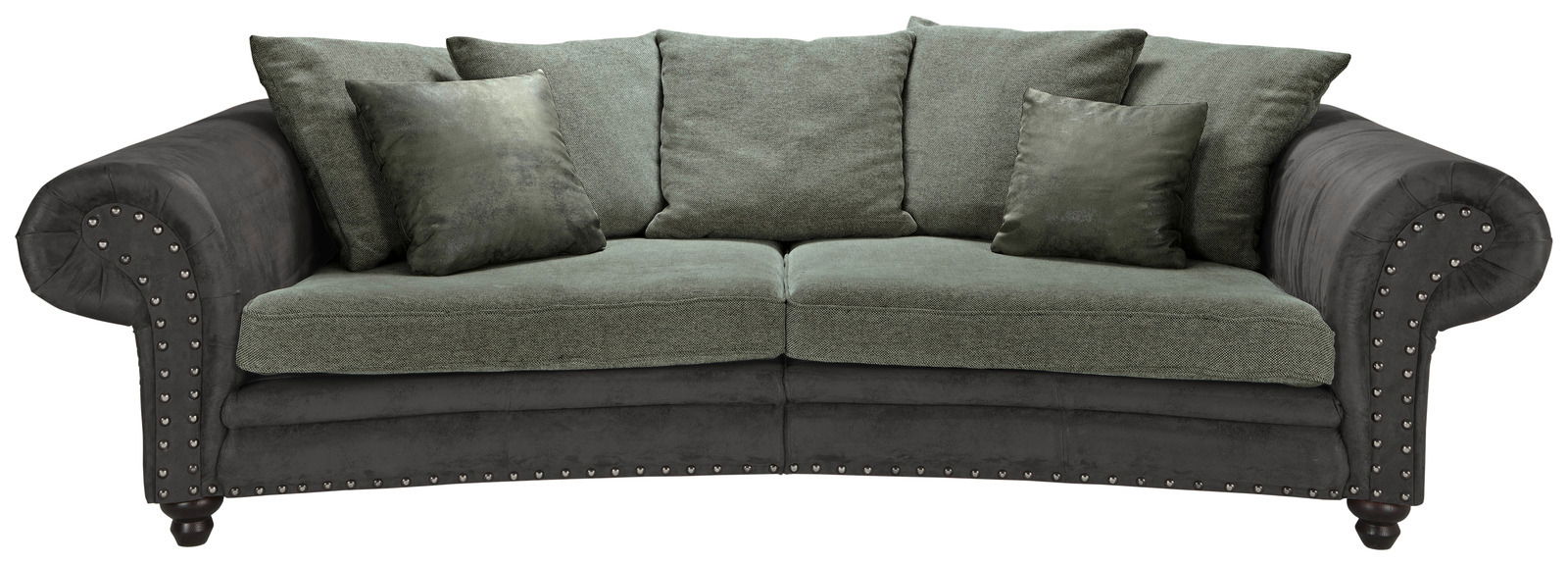 Großes, rundes Megasofa in dunklem Grau mit grünen Kissen, frontal fotografiert.