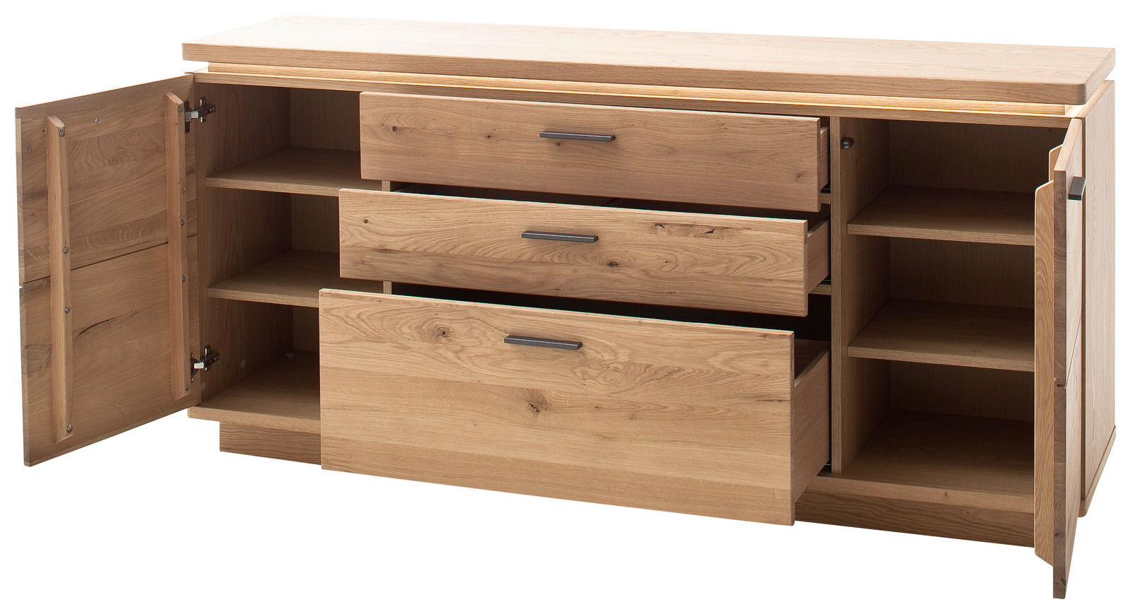 Offenes Sideboard aus Holz mit zwei Türen und drei Schubladen, frontal betrachtet.