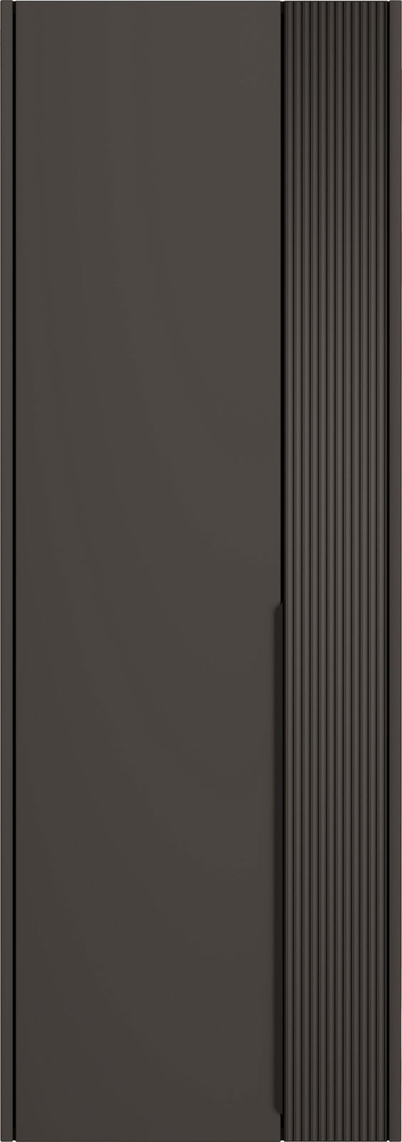 Moderner Hängegarderobenschrank in dunklem Design mit vertikalen Rillen auf der rechten Seite, Frontalansicht.