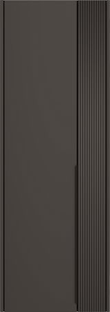 Moderner Hängegarderobenschrank in dunklem Design mit vertikalen Rillen auf der rechten Seite, Frontalansicht.
