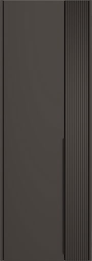 Moderner Hängegarderobenschrank in dunklem Design mit vertikalen Rillen auf der rechten Seite, Frontalansicht.