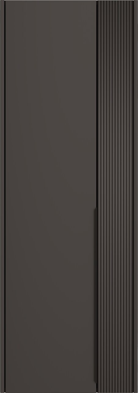 Moderner Hängegarderobenschrank in dunklem Design mit vertikalen Rillen auf der rechten Seite, Frontalansicht.