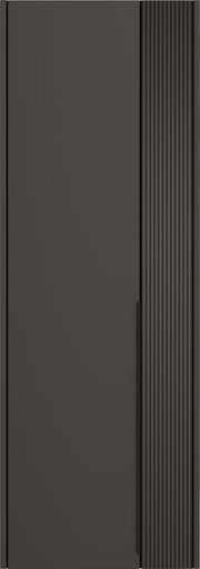 Moderner Hängegarderobenschrank in dunklem Design mit vertikalen Rillen auf der rechten Seite, Frontalansicht.