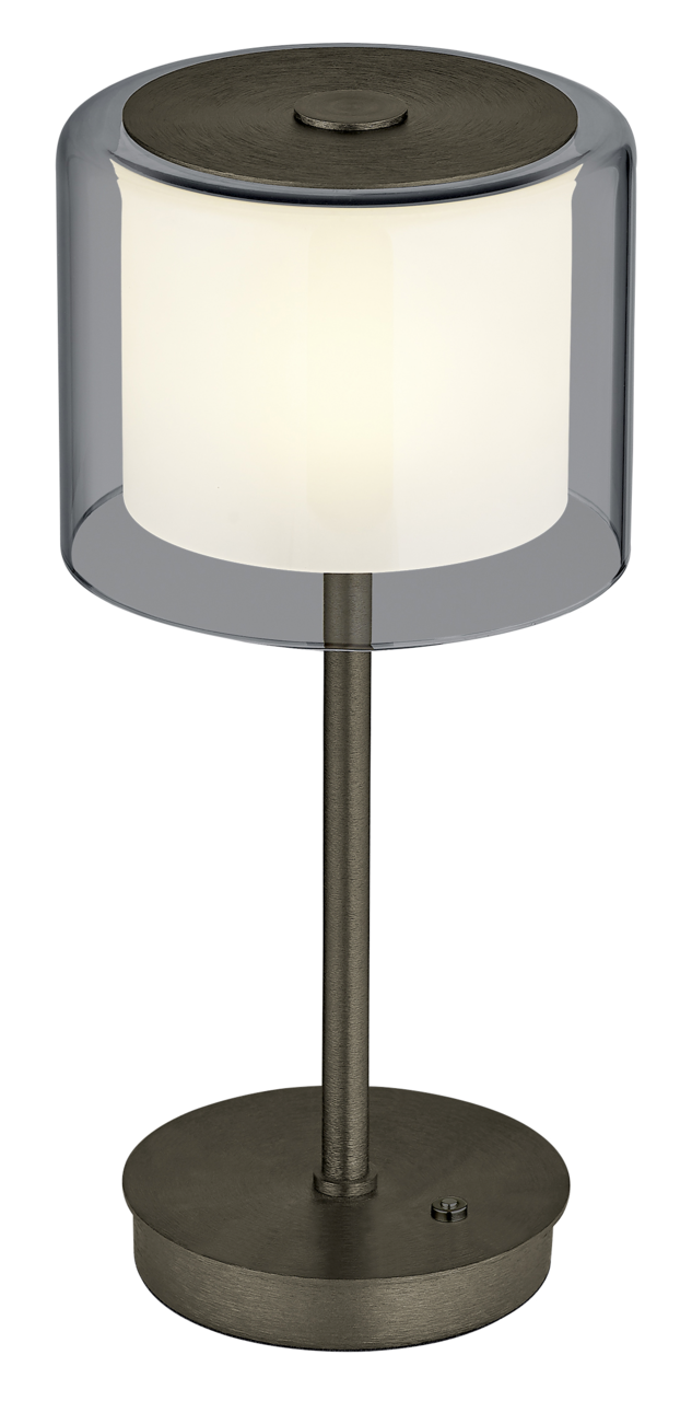 Elements by Bankamp LED Tischleuchte KLARA Moderne LED-Tischleuchte KLARA mit zylindrischem, transparentem Schirm und metallischem Standfuß, seitliche Perspektive