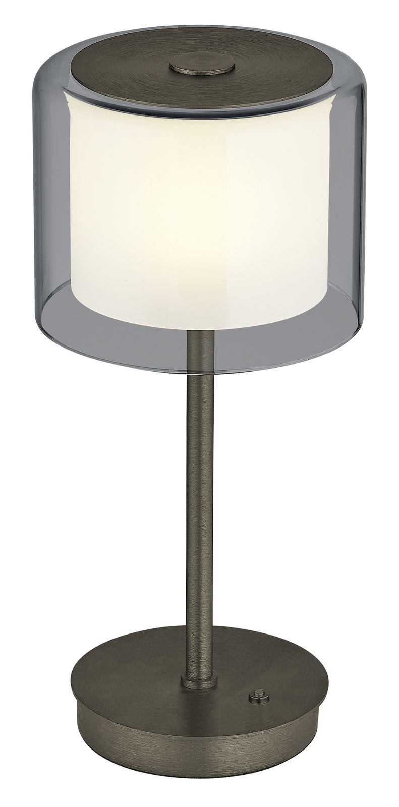 Hell LED Tischleuchte KLARA Moderne LED-Tischleuchte KLARA mit zylindrischem, transparentem Schirm und metallischem Standfuß, seitliche Perspektive