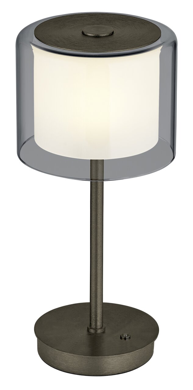 Moderne LED-Tischleuchte KLARA mit zylindrischem, transparentem Schirm und metallischem Standfuß, seitliche Perspektive