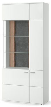 Moderne weiße Vitrine mit Glaseinsätzen und Holzrückwand, Frontalansicht