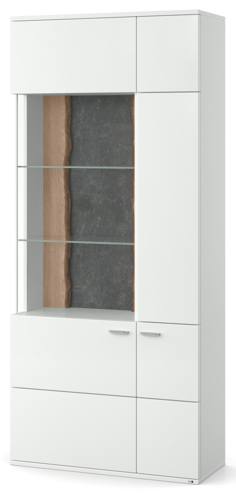 Moderne weiße Vitrine mit Glaseinsätzen und Holzrückwand, Frontalansicht