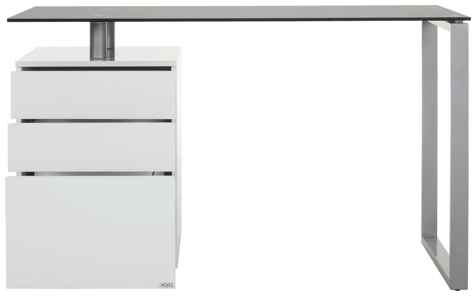 Moderner Schreibtisch mit Glasplatte und drei weißen Schubladen, seitliche Perspektive
