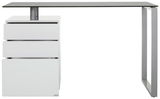 Moderner Schreibtisch mit Glasplatte und drei weißen Schubladen, seitliche Perspektive