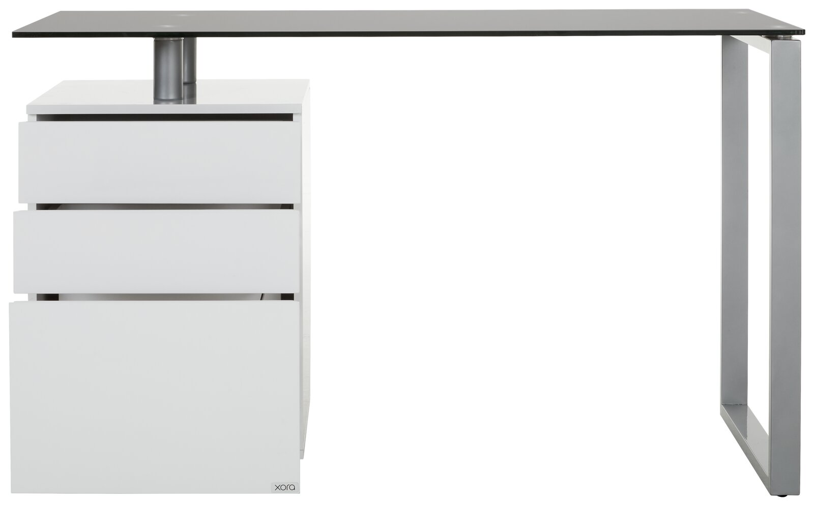 Moderner Schreibtisch mit Glasplatte und drei weißen Schubladen, seitliche Perspektive