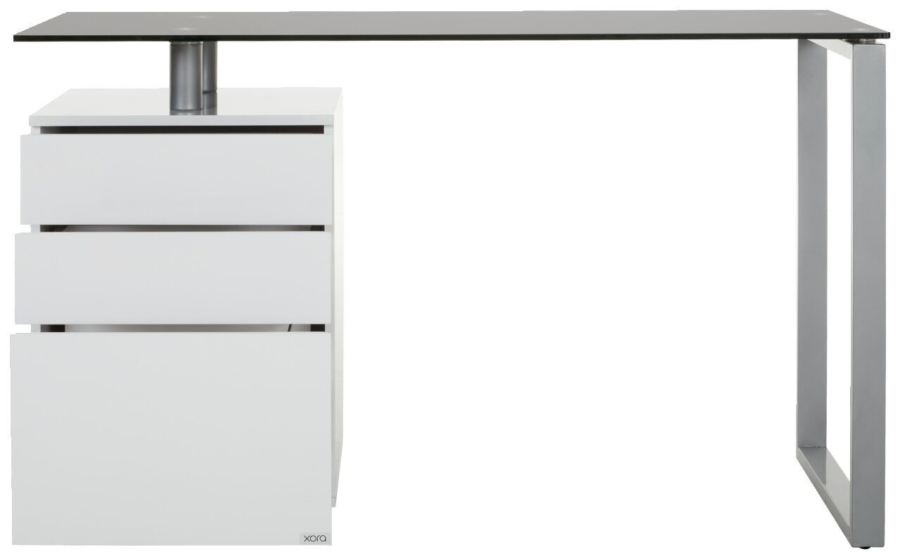Moderner Schreibtisch mit Glasplatte und drei weißen Schubladen, seitliche Perspektive
