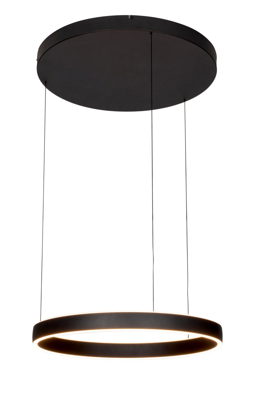 Moderne LED-Hängeleuchte in schwarzem Design, seitliche Perspektive