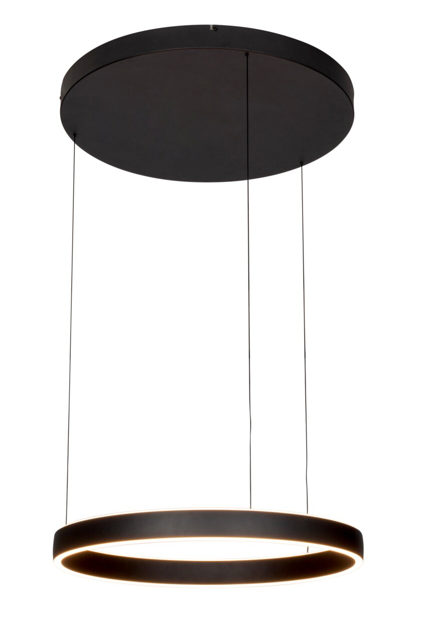 Moderne LED-Hängeleuchte in schwarzem Design, seitliche Perspektive