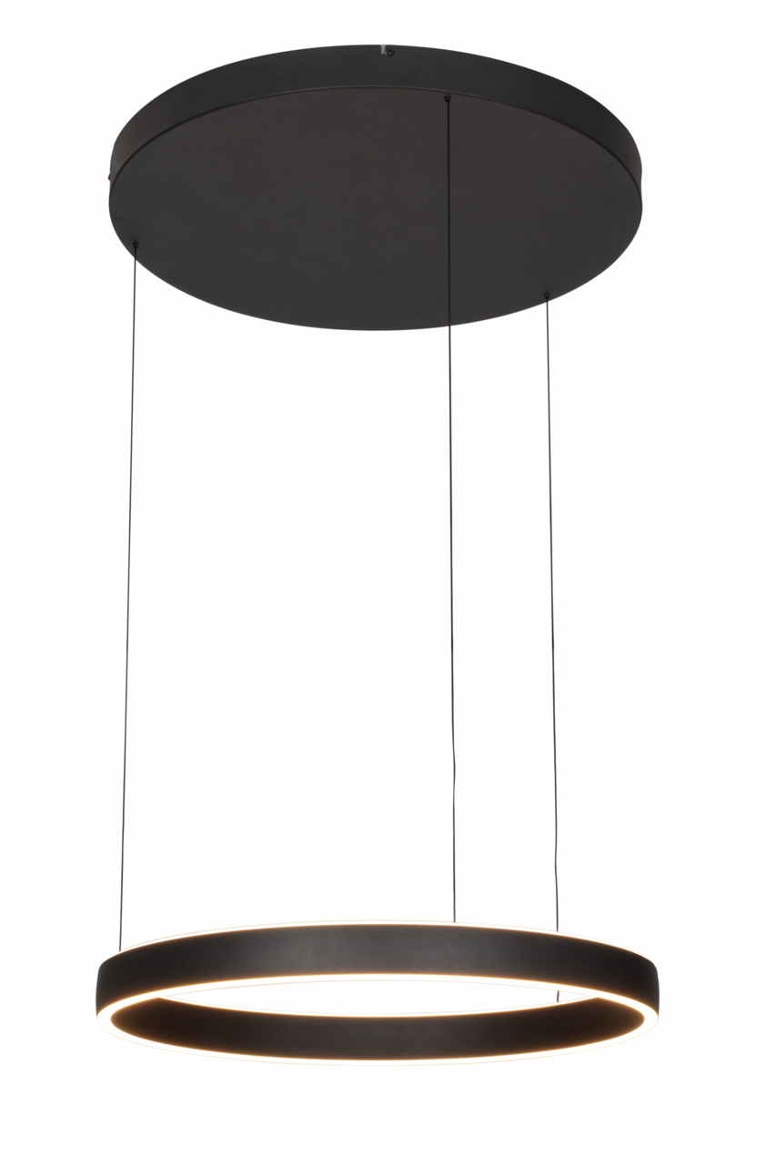 Moderne LED-Hängeleuchte in schwarzem Design, seitliche Perspektive