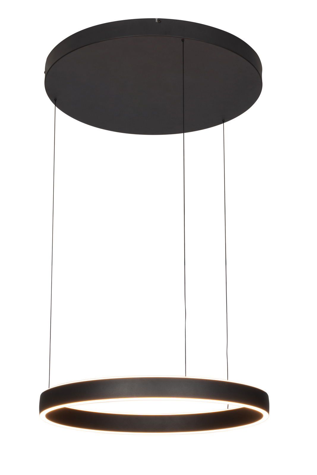 Moderne LED-Hängeleuchte in schwarzem Design, seitliche Perspektive