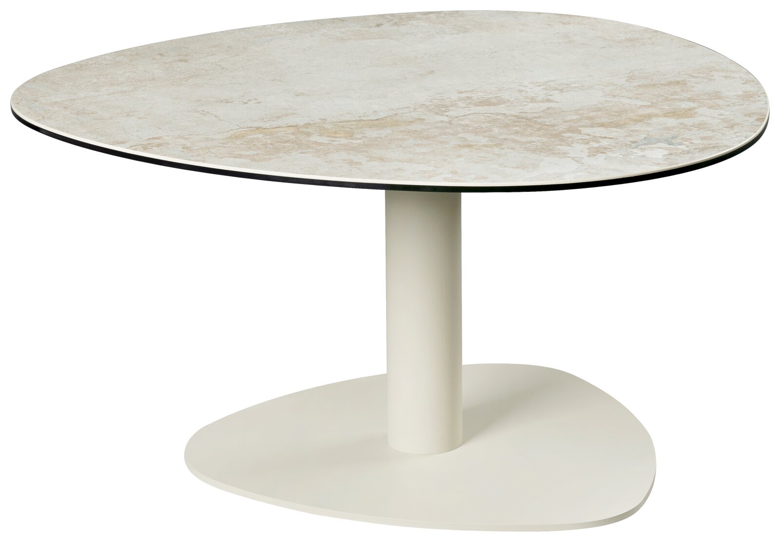 Moderner Couchtisch mit runder, marmorierter Tischplatte und zentralem, zylindrischem Fuß, seitliche Perspektive.