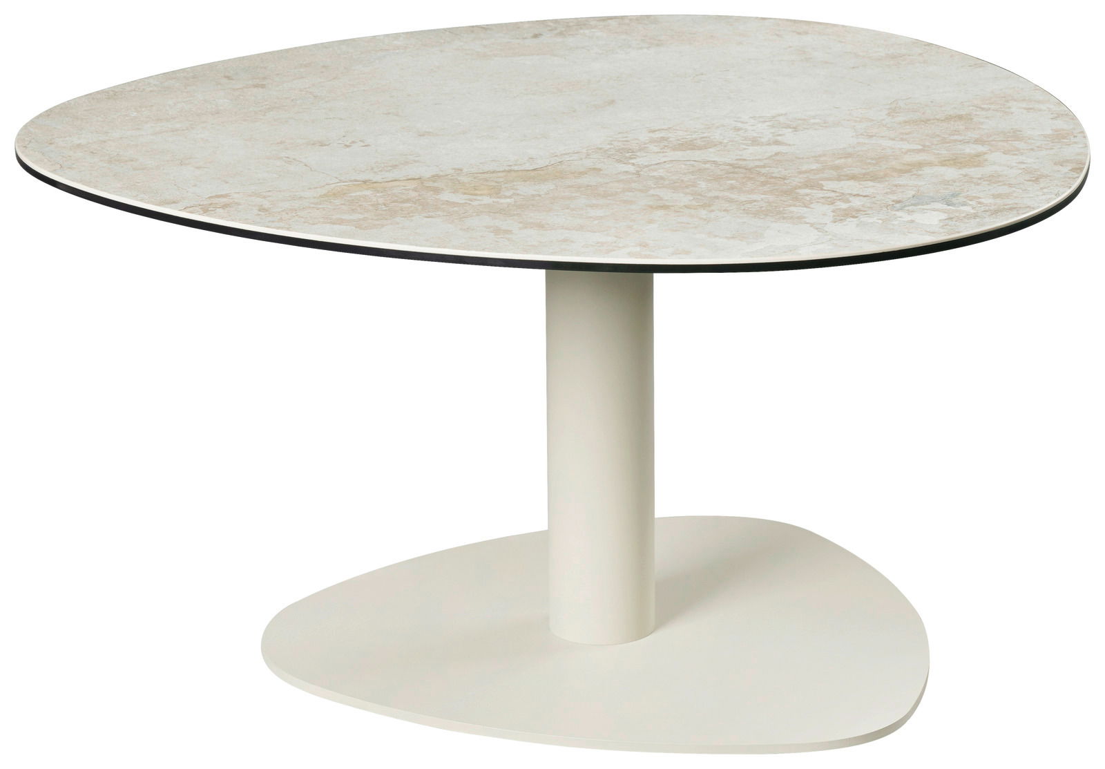 Belluti Couchtisch BARCELONA Moderner Couchtisch mit runder, marmorierter Tischplatte und zentralem, zylindrischem Fuß, seitliche Perspektive.