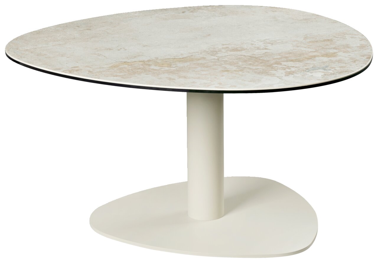 Belluti Salontafel BARCELONA Moderne salontafel met een rond, gemarmerd tafelblad en een centrale, cilindrische voet, gezien vanaf de zijkant.