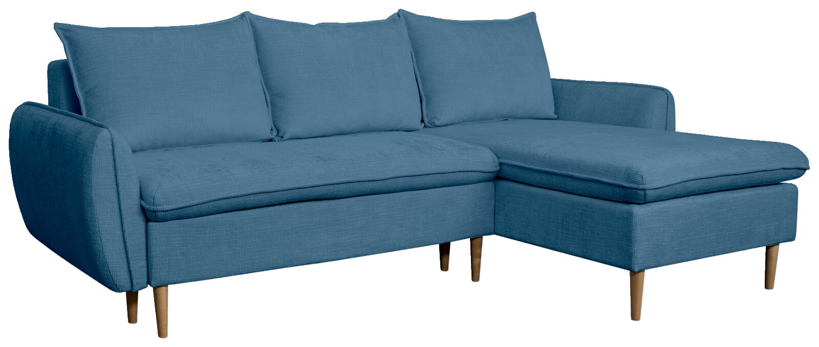 Blaue Rundecke mit drei Rückenkissen und Holzfüßen, Perspektive von vorne rechts