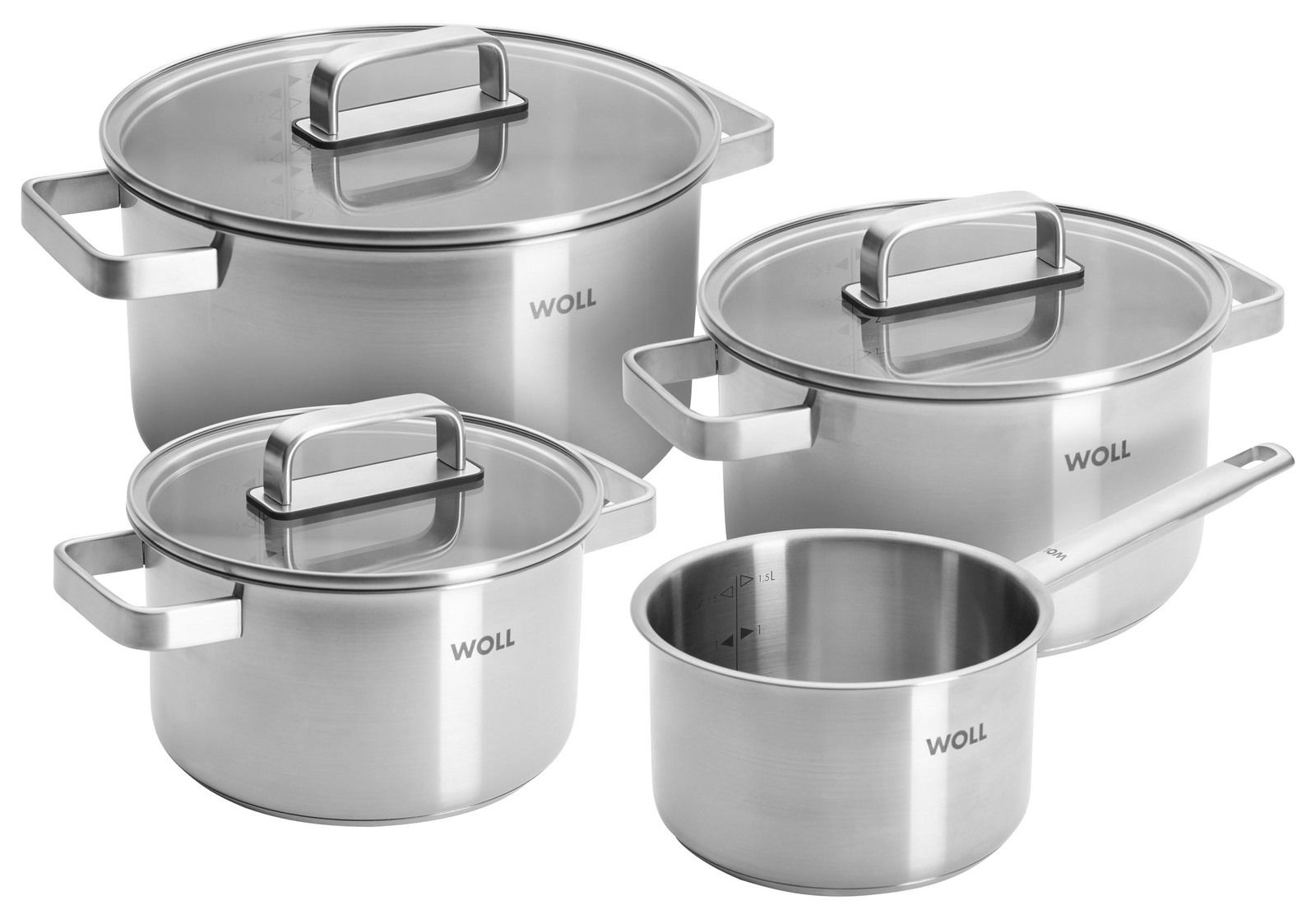Woll Topfset 7-tlg. STEEL Topfset 7-tlg. aus Edelstahl mit Glasdeckeln, seitliche Perspektive
