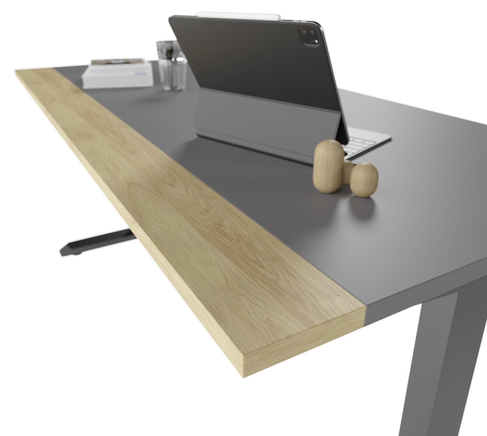 Moderner E-Schreibtisch mit grauer Oberfläche und Holzleiste, seitliche Perspektive