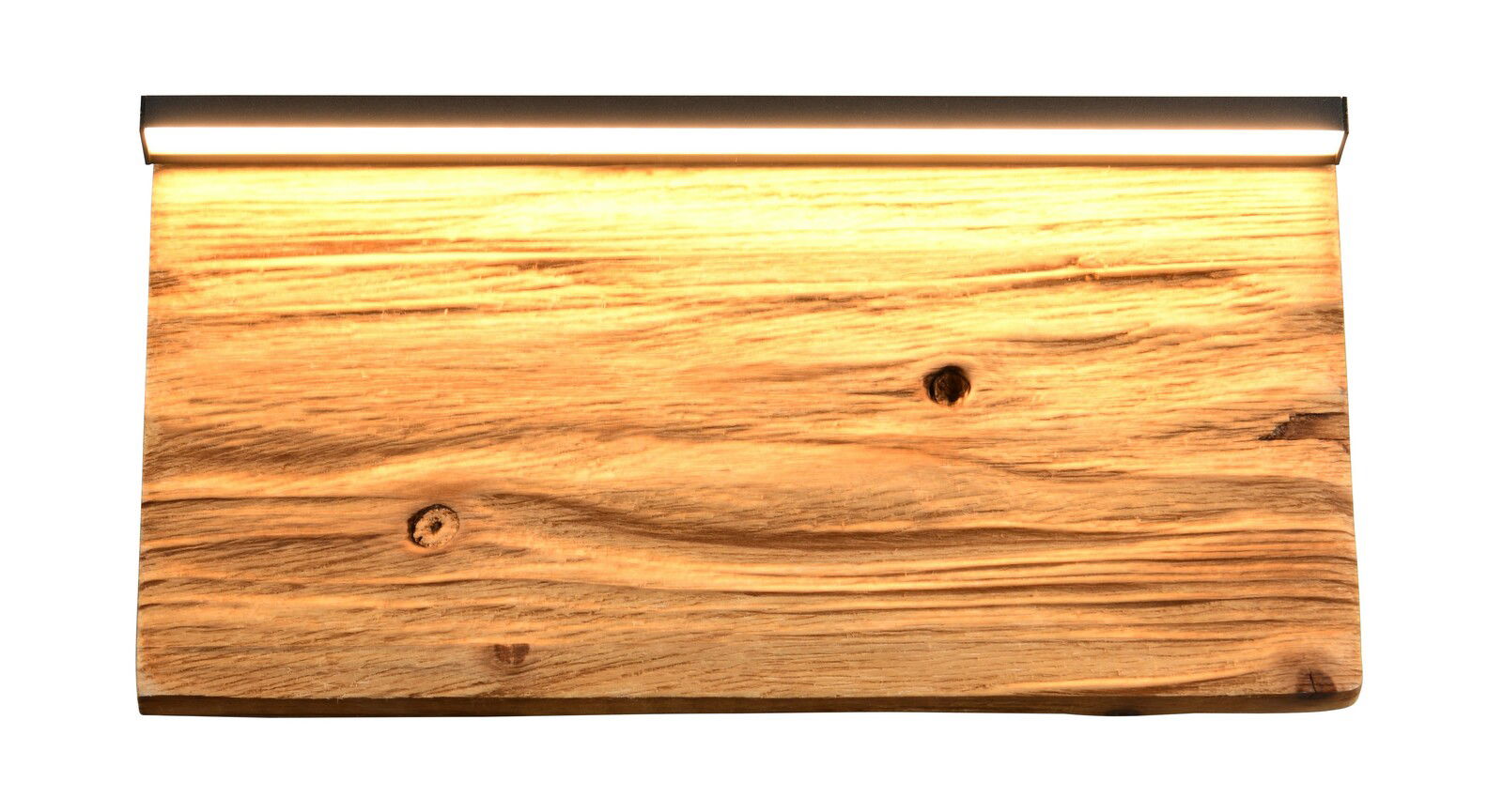 Wandleuchte aus Holz mit warmem Licht, Ansicht von vorne