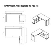 Technische Zeichnung eines Eck-Schreibtisches mit Maßen und Perspektivansicht.