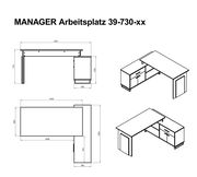 Technische Zeichnung eines Eck-Schreibtisches mit Maßen und Perspektivansicht.