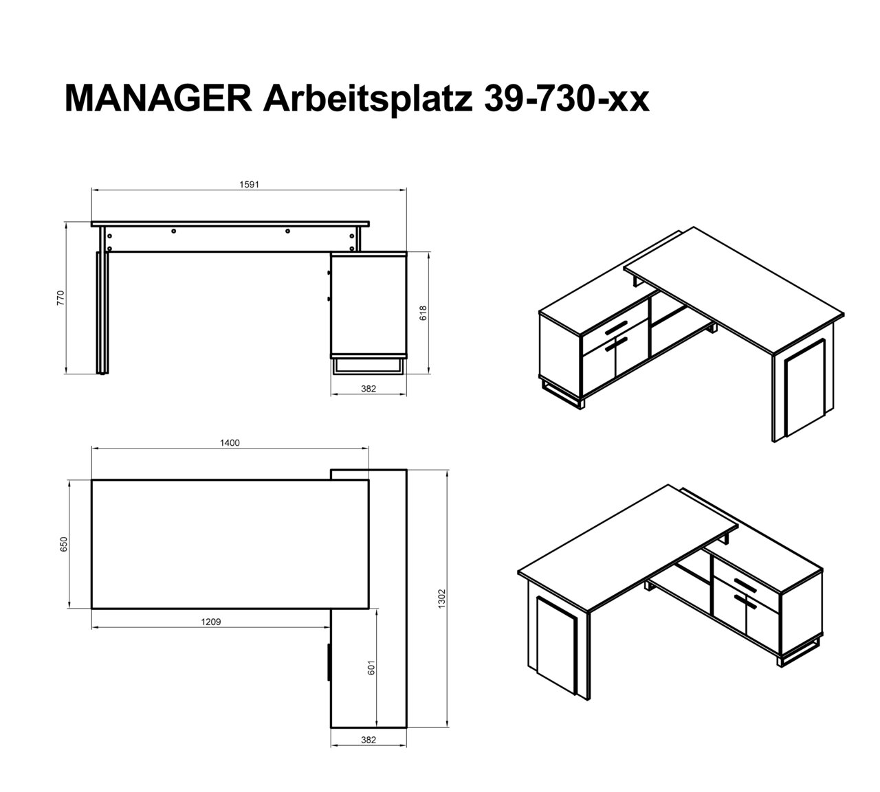 Technische tekening van een hoekbureau met afmetingen en een perspectiefweergave.