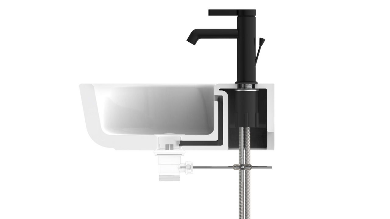 Querschnitt einer modernen schwarzen Waschtischarmatur mit Waschbecken, seitliche Perspektive