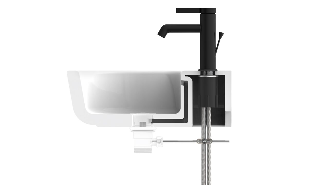 Querschnitt einer modernen schwarzen Waschtischarmatur mit Waschbecken, seitliche Perspektive