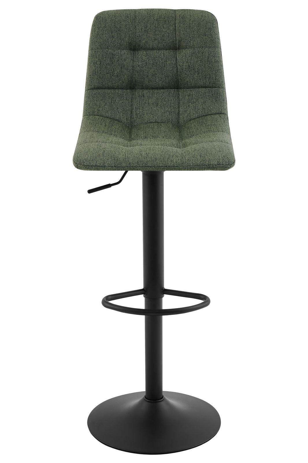 Grüner Barhocker mit gepolsterter Sitzfläche und schwarzem Metallgestell, Frontalansicht