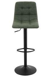 Grüner Barhocker mit gepolsterter Sitzfläche und schwarzem Metallgestell, Frontalansicht