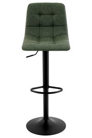 Grüner Barhocker mit gepolsterter Sitzfläche und schwarzem Metallgestell, Frontalansicht