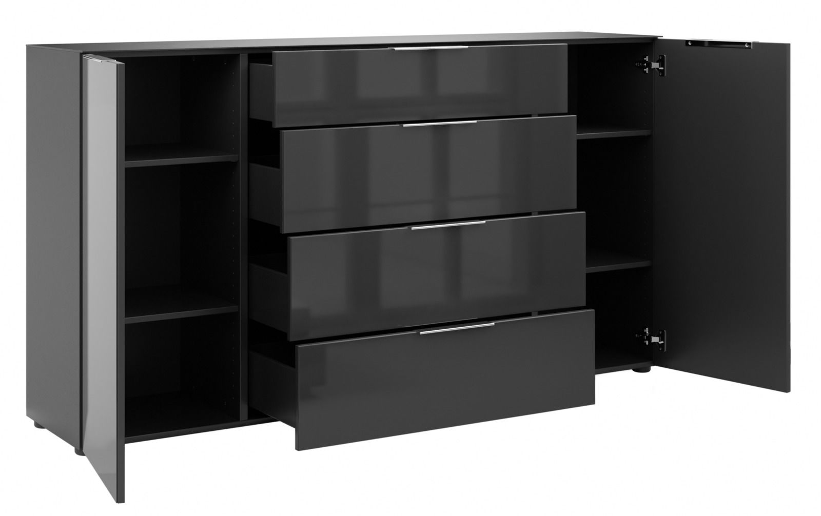 Schwarzes XL-Sideboard mit offenen Schubladen und Türen, seitliche Perspektive