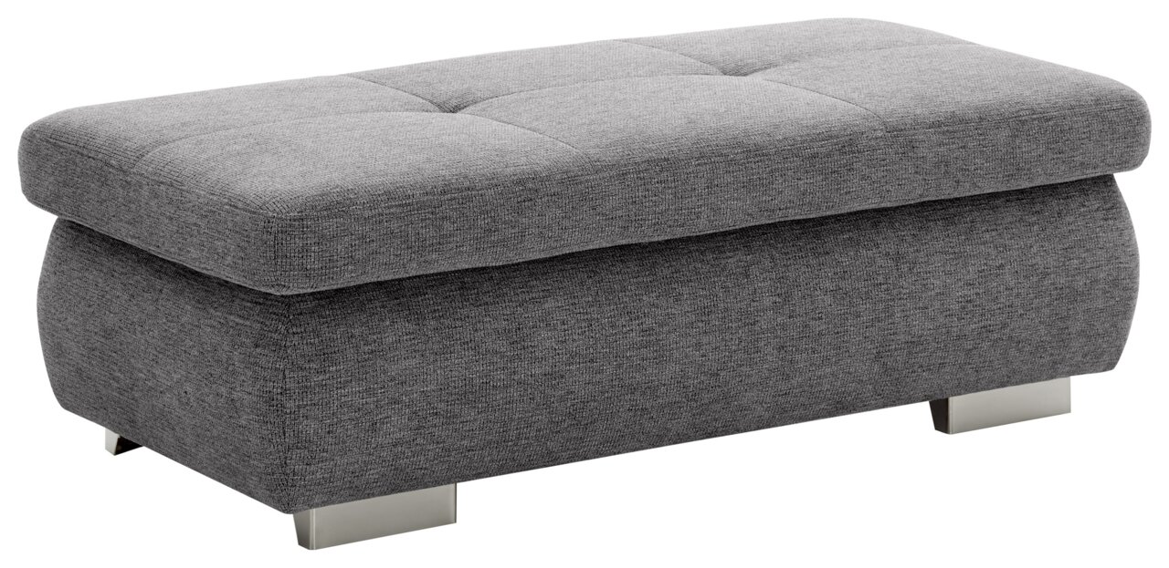 Grauer XXL-Hocker mit gepolsterter Oberfläche und Metallfüßen, seitliche Perspektive
