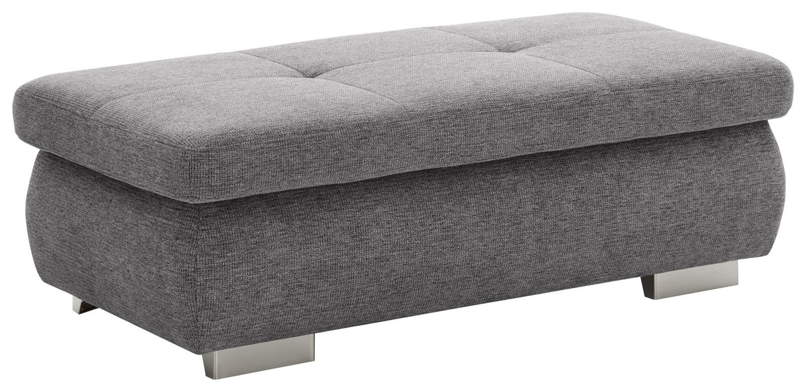 Grauer XXL-Hocker mit gepolsterter Oberfläche und Metallfüßen, seitliche Perspektive