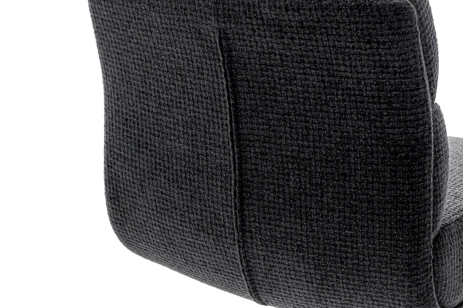 Rückansicht eines Barstuhls mit dunkelgrauem, strukturiertem Stoffbezug.