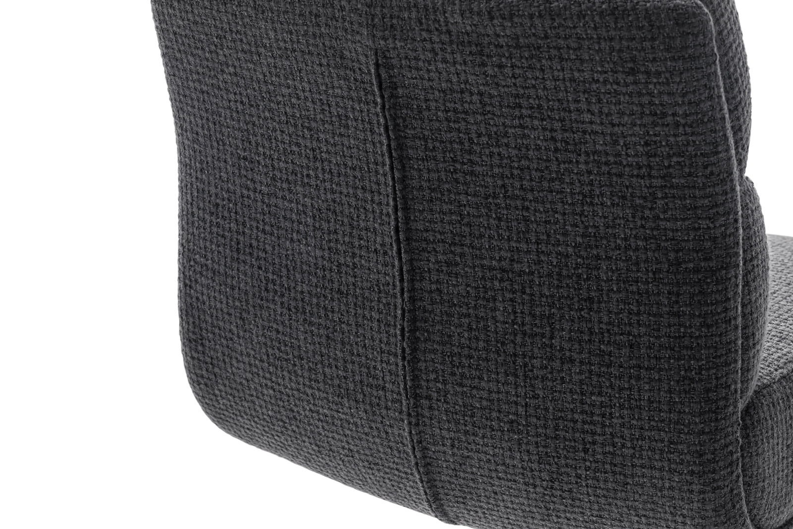 Rückansicht eines Barstuhls mit dunkelgrauem, strukturiertem Stoffbezug.