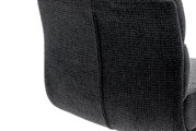 Achterkant van een barkruk met een donkergrijze, gestructureerde stoffen bekleding.