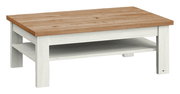Moderner Couchtisch mit heller Holzstruktur und dunkler Tischplatte, seitliche Perspektive