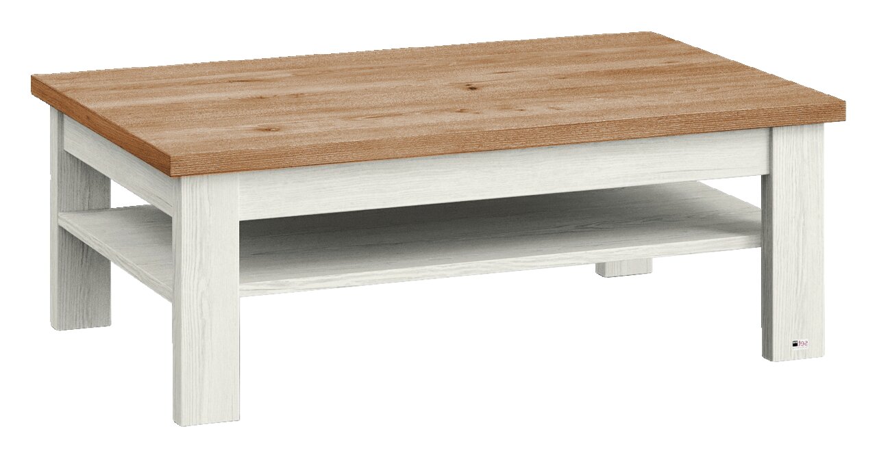 Moderner Couchtisch mit heller Holzstruktur und dunkler Tischplatte, seitliche Perspektive