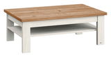 Moderner Couchtisch mit heller Holzstruktur und dunkler Tischplatte, seitliche Perspektive